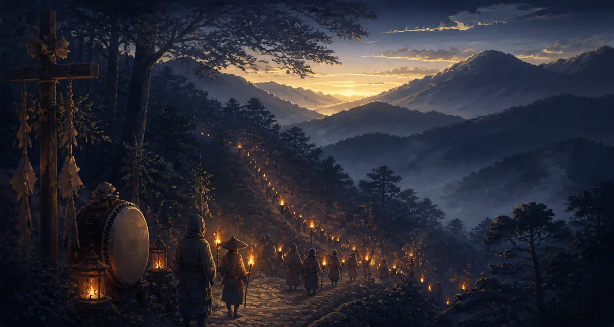 灯火を掲げた祭礼の行列が、夜明け前の山道を進む和風幻想の風景