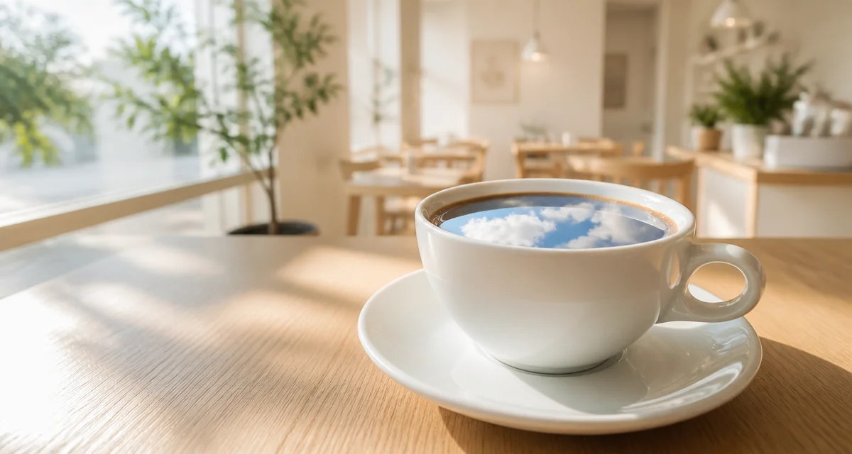 青空を映すコーヒーカップと昼のカフェテーブル