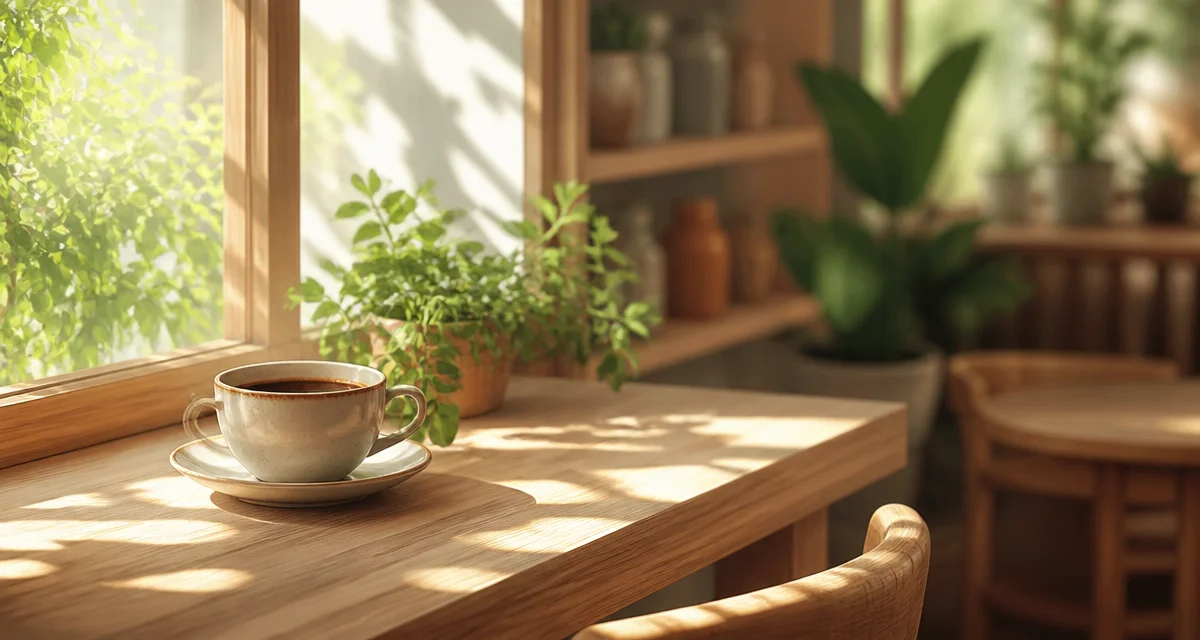 木漏れ日が差し込むカフェの木製カウンターとコーヒーカップ
