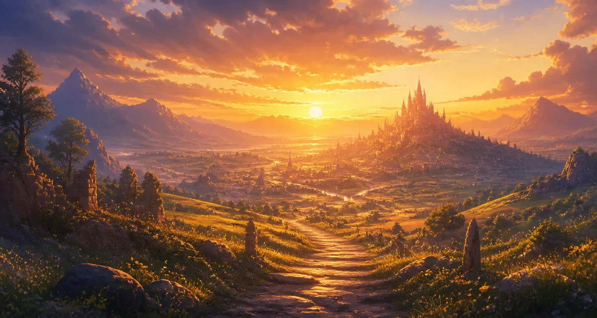 夕暮れの城と帰路を描いたファンタジーRPG風の風景