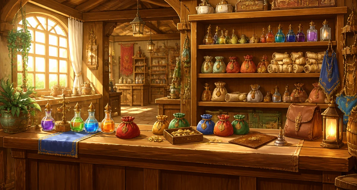 木製棚と色鮮やかな商品が並ぶ明るいファンタジーショップ