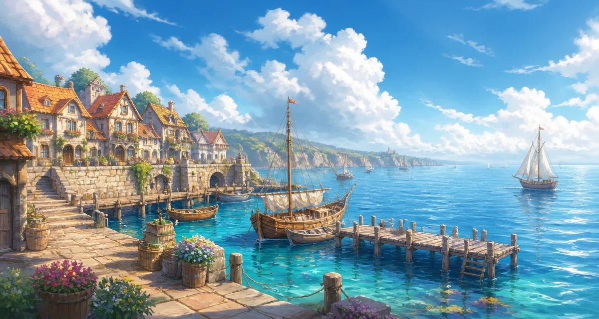 青空と海を望むファンタジー港町の風景