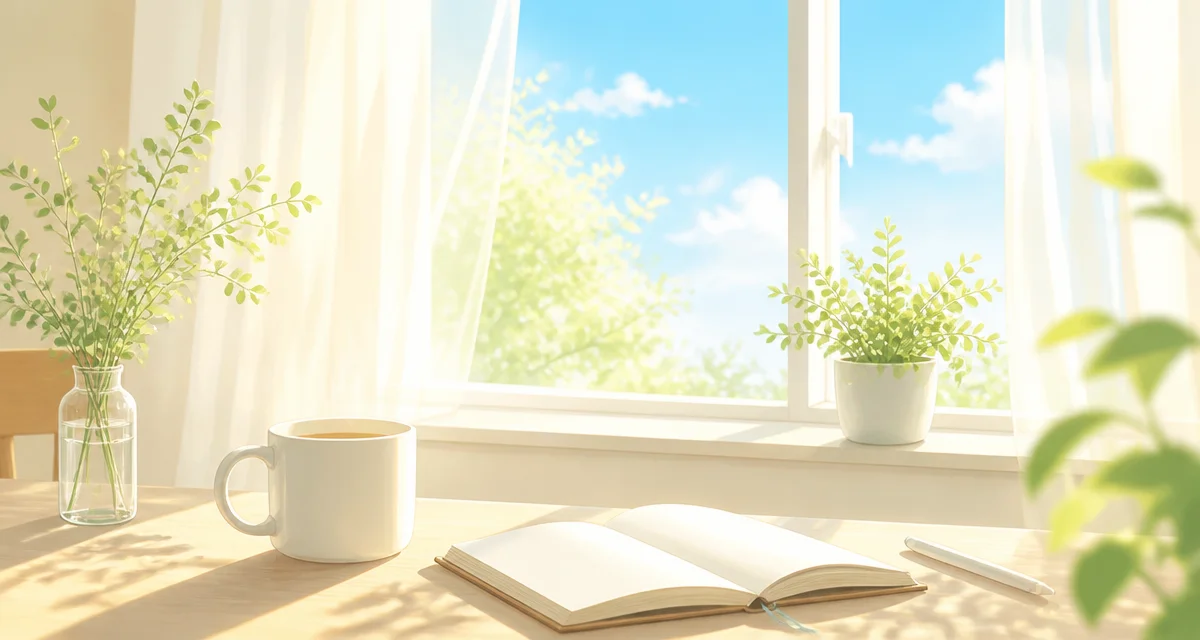 朝の光が差し込む明るい部屋と窓辺の風景