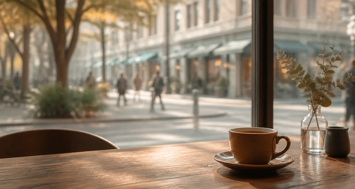 窓越しに街路を眺める都会のカフェ風景