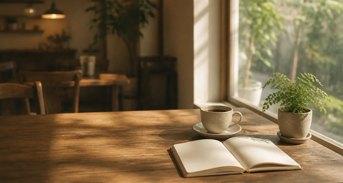 やわらかな光が差し込むカフェのテーブルとコーヒー